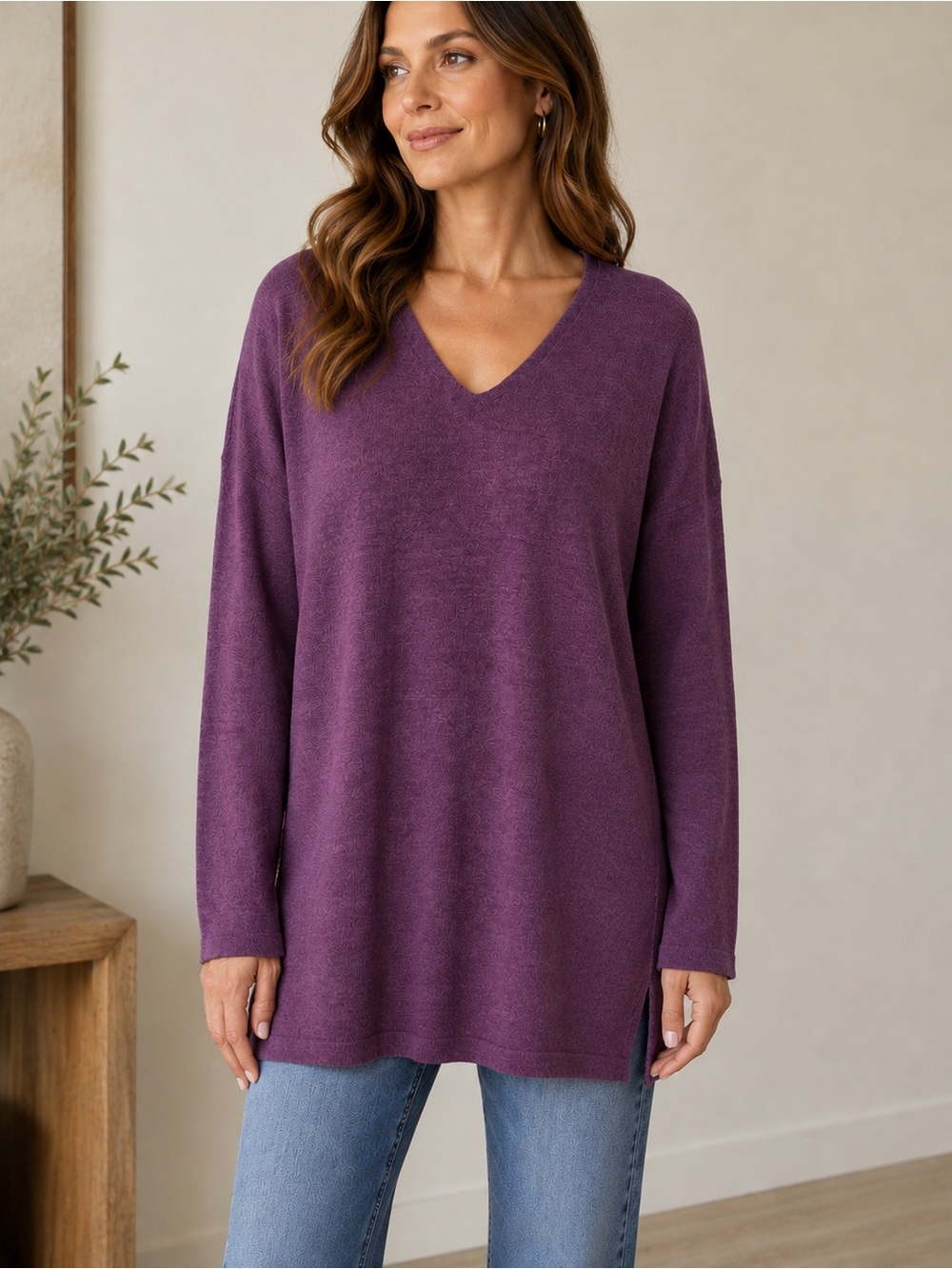 Eileen Fisher Purple 100% Merino Wool V-Neck Tunic Sweater Size L